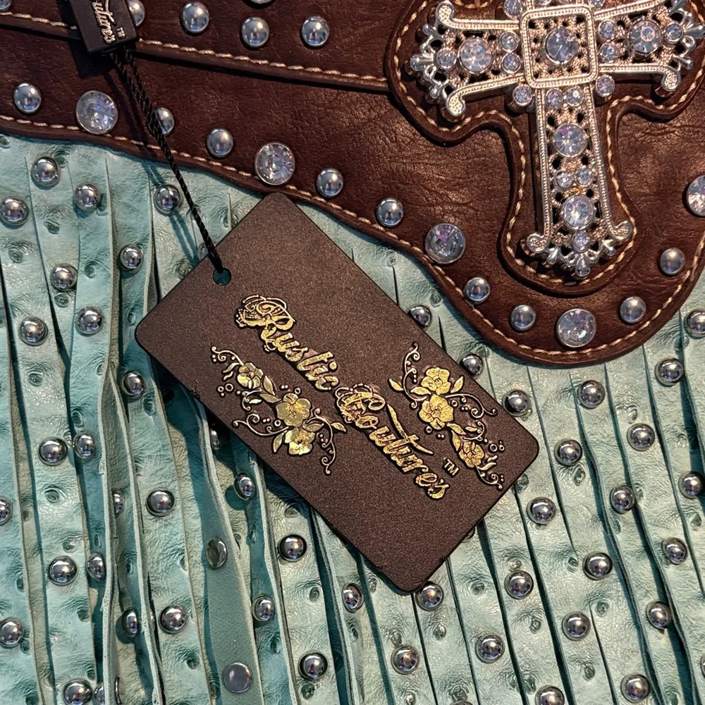 Brown and Green Fringe Studded Women's Bag - Picture 2 of 4